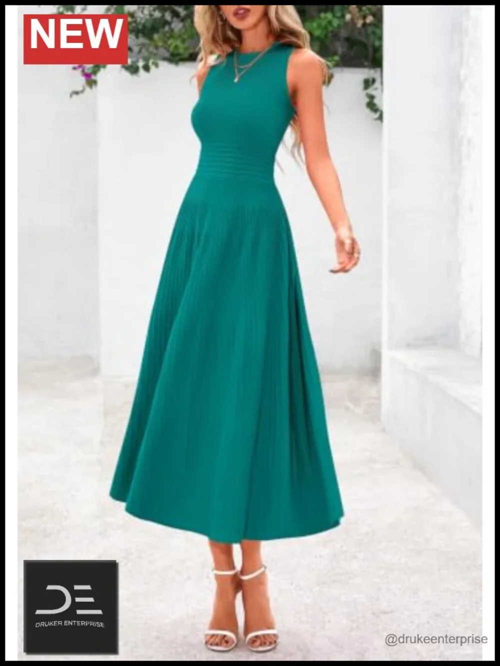Sleeveless A-Line Midi Cocktail Dress with Pleated Waist